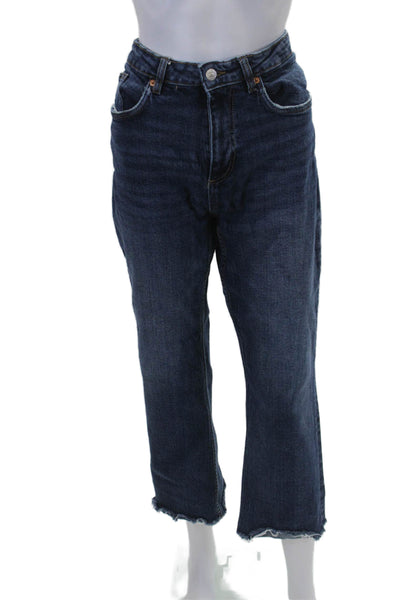 Zara Womens High Rise Straight Leg Raw Hem Jeans Blue Cotton Size 10