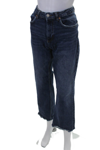 Zara Womens High Rise Straight Leg Raw Hem Jeans Blue Cotton Size 10
