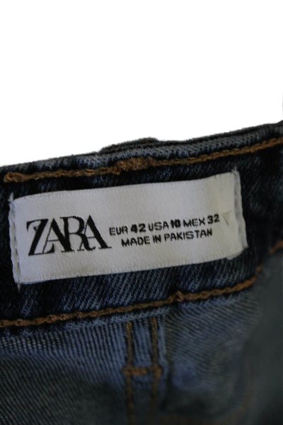Zara Womens High Rise Straight Leg Raw Hem Jeans Blue Cotton Size 10