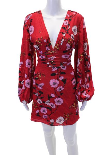 Keepsake Womens Long Sleeve V-neck Floral Short Dress Red Size M