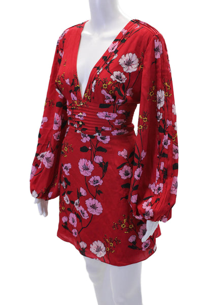 Keepsake Womens Long Sleeve V-neck Floral Short Dress Red Size M