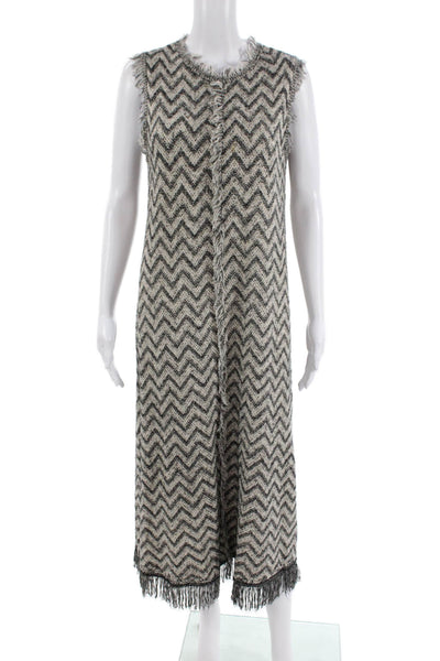 Zara Womens Sleeveless Fringe Trim Knit Shift Dress White Gray Size Small