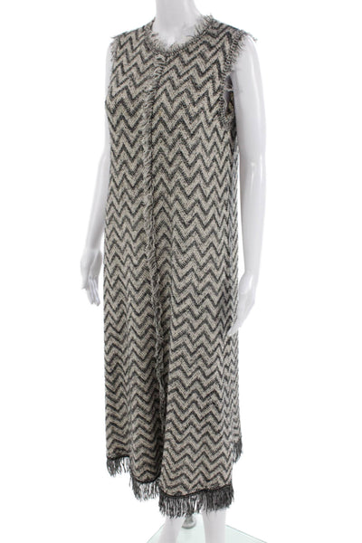 Zara Womens Sleeveless Fringe Trim Knit Shift Dress White Gray Size Small