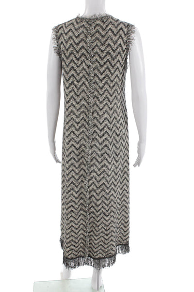 Zara Womens Sleeveless Fringe Trim Knit Shift Dress White Gray Size Small