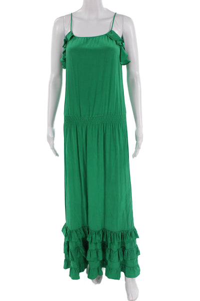 Hale Bob Womens Spaghetti Strap Ruffled Silk Midi Shift Dress Green Size XS