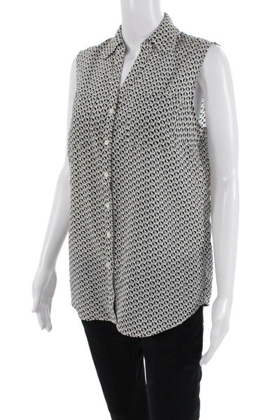 Talbots Womens Collared Geometric Print Button Down Blouse Gray Size M