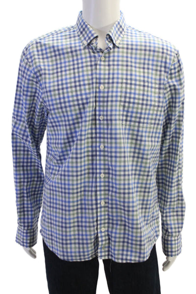 Johnnie-o Mens Plaid Hangin Out Button Down Collar Shirt Blue Green Size Large