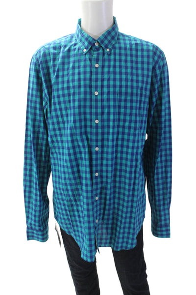 J Crew Mens Cotton Checkered Collared Button Up Shirt Blue Size XLT