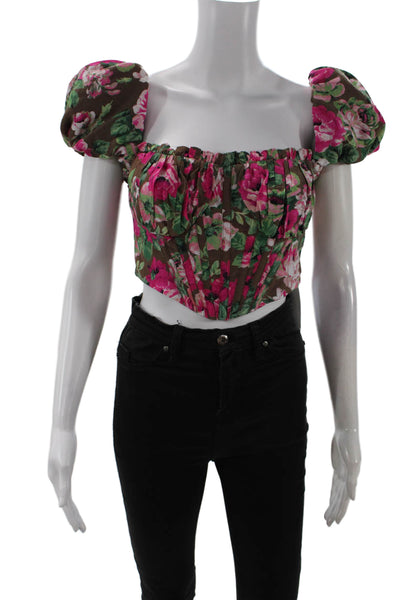 LPA Womens Floral Print Puffy Sleeves Cropped Blouse Brown Pink Size Small