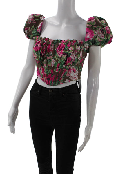 LPA Womens Floral Print Puffy Sleeves Cropped Blouse Brown Pink Size Small