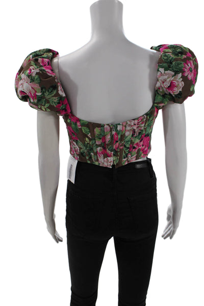 LPA Womens Floral Print Puffy Sleeves Cropped Blouse Brown Pink Size Small