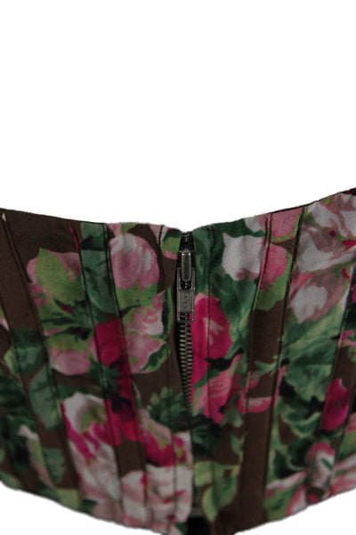 LPA Womens Floral Print Puffy Sleeves Cropped Blouse Brown Pink Size Small