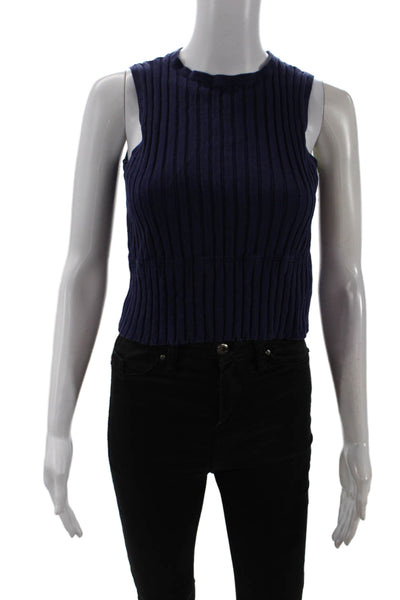Allude Womens Ribbed Cropped Sleeveless Tank Top Navy Blue Cotton Size Small