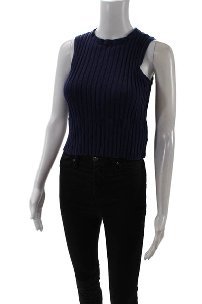 Allude Womens Ribbed Cropped Sleeveless Tank Top Navy Blue Cotton Size Small