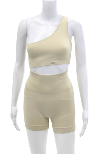 Set Womens Ribbed Pull On Bikers Shoes One Shoulder Sports Bra Beige Size XS