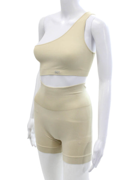 Set Womens Ribbed Pull On Bikers Shoes One Shoulder Sports Bra Beige Size XS