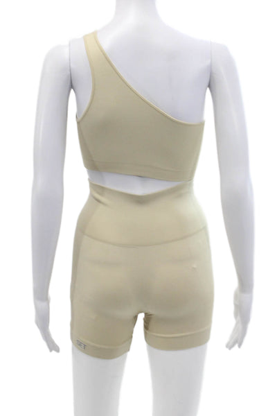 Set Womens Ribbed Pull On Bikers Shoes One Shoulder Sports Bra Beige Size XS