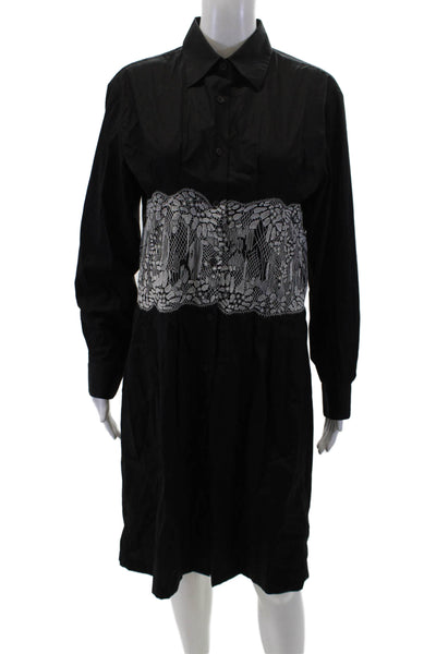 Dries Van Noten Women's Long Sleeves Button Lace Trim Flare Dress Black Size 40
