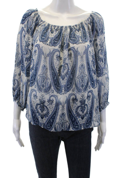 Joie Womens 3/4 Sleeve Off Shoulder Silk Paisley Top White Blue Size Small