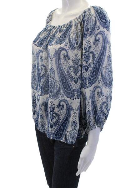 Joie Womens 3/4 Sleeve Off Shoulder Silk Paisley Top White Blue Size Small