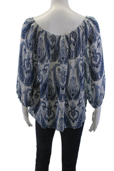 Joie Womens 3/4 Sleeve Off Shoulder Silk Paisley Top White Blue Size Small