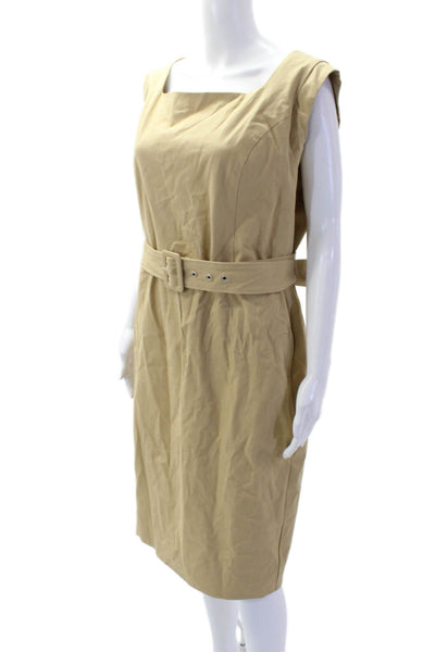 Isaac Mizrahi Womens Sleeveless Belted Sheath Dress Camel Beige Size Large