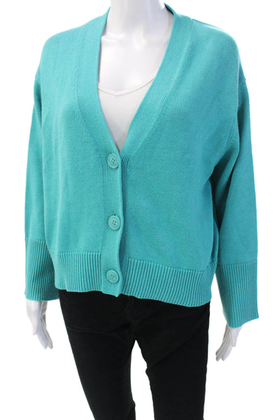 Kinross Womens Cotton Knitted Wide Sleeve V-Neck Cardigan Teal Blue Size L