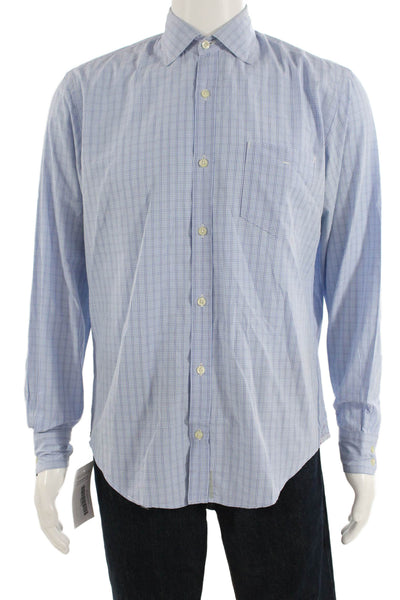 Hartford Mens Cotton Checkered Long Sleeve Button Up Shirt Blue Size M