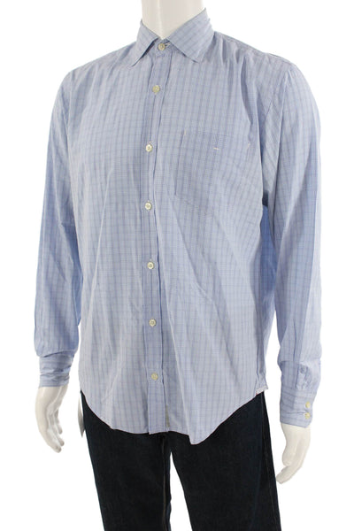 Hartford Mens Cotton Checkered Long Sleeve Button Up Shirt Blue Size M