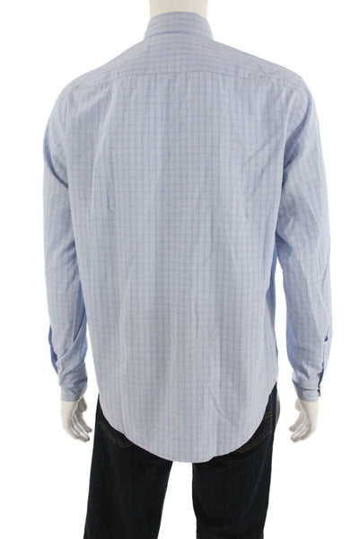 Hartford Mens Cotton Checkered Long Sleeve Button Up Shirt Blue Size M