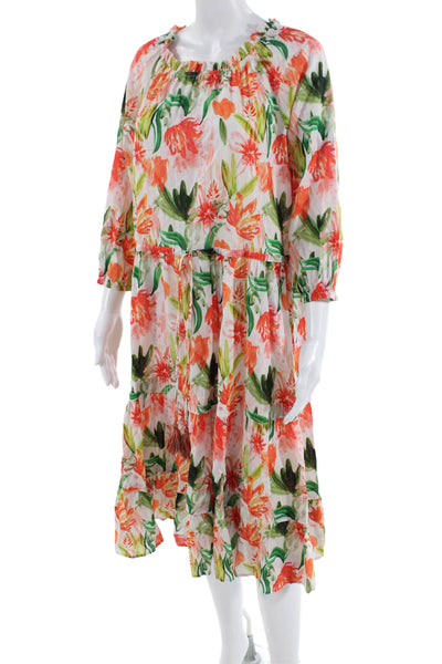 Bella Tu Women's Round Neck Ruffle Tassel Tiered Floral Midi Dress Size L