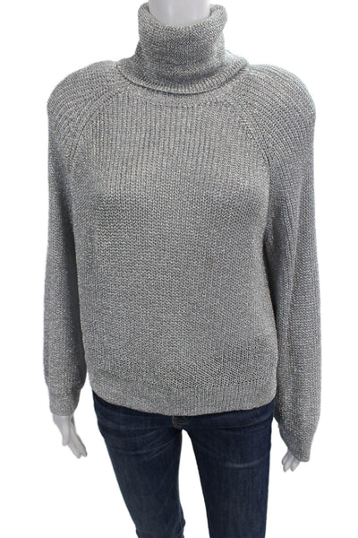 R+A Womens Metallic Knit Long Sleeve Turtleneck Sweater Silver Size S