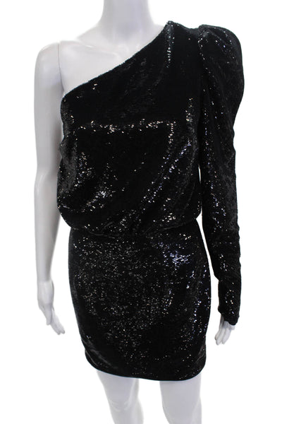 Alexandre Vauthier Womens Sequined One Shoulder Mini Dress Solid Black Size 36