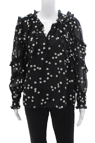 Rebecca Taylor Womens Floral Print Ruffled Button DownBlouse Black White Size 8