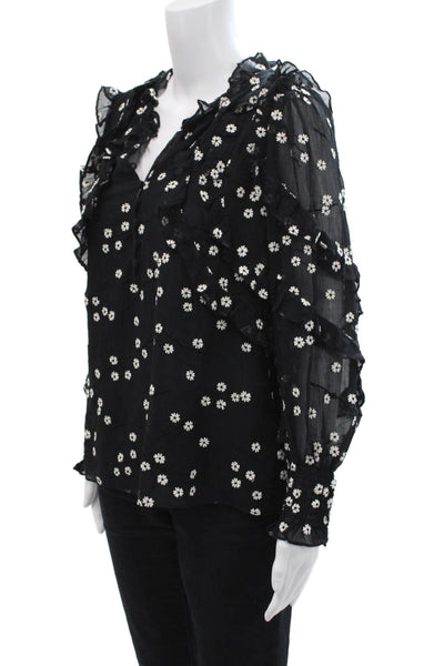 Rebecca Taylor Womens Floral Print Ruffled Button DownBlouse Black White Size 8