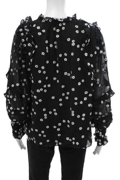 Rebecca Taylor Womens Floral Print Ruffled Button DownBlouse Black White Size 8
