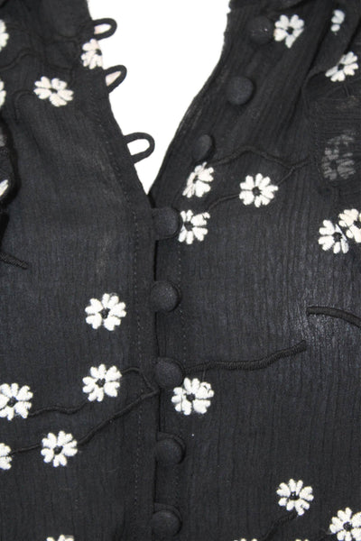 Rebecca Taylor Womens Floral Print Ruffled Button DownBlouse Black White Size 8