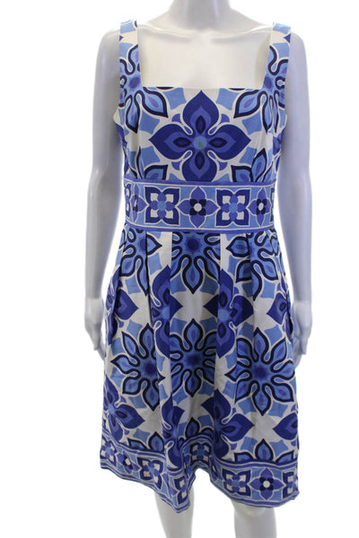 London Times Womens Cotton Floral Print Square Neck A-Line Dress Blue Size 10