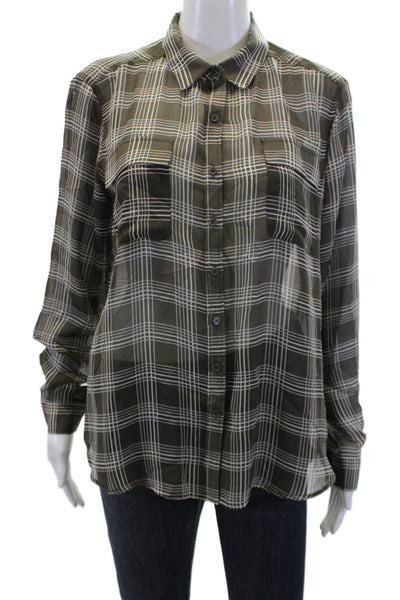 Ecru Womens Silk Checkered Print Long Sleeve Button Up Shirt Brown Size M