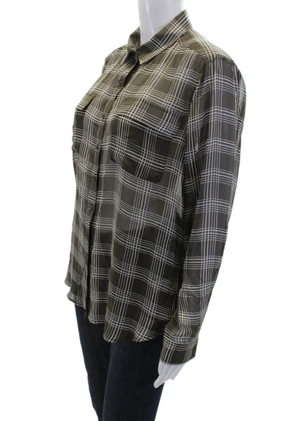 Ecru Womens Silk Checkered Print Long Sleeve Button Up Shirt Brown Size M