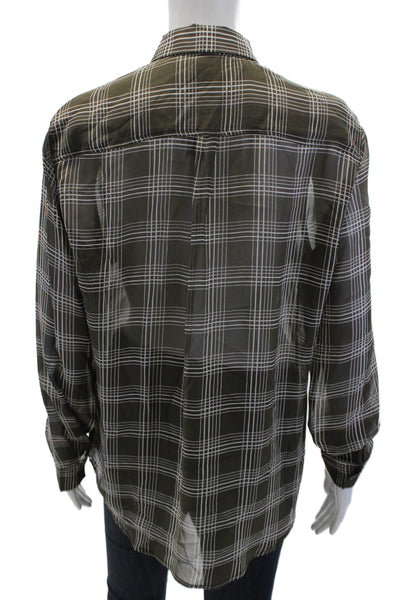 Ecru Womens Silk Checkered Print Long Sleeve Button Up Shirt Brown Size M
