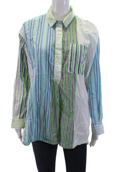 Maeve Anthropologie Womens Cotton Striped Print Button Up Shirt Green Size M