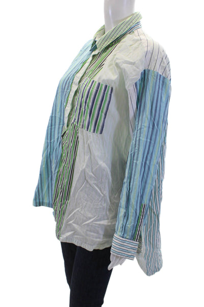 Maeve Anthropologie Womens Cotton Striped Print Button Up Shirt Green Size M