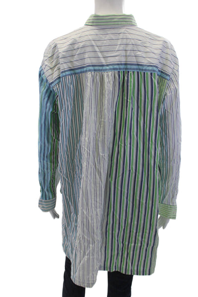 Maeve Anthropologie Womens Cotton Striped Print Button Up Shirt Green Size M