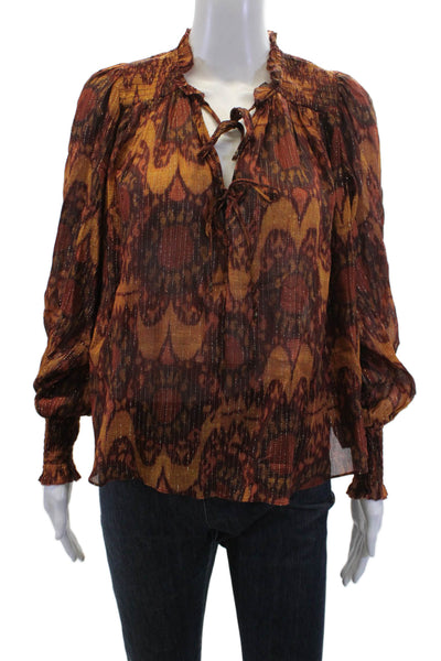 Ulla Johnson Womens Cotton Printed Tie V-Neck Long Sleeve Blouse Top Brown Sz 0