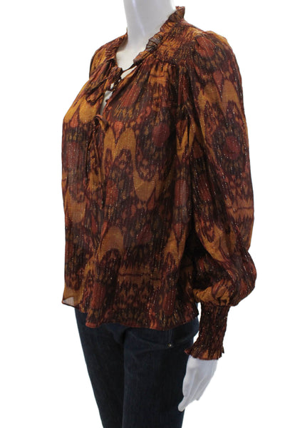 Ulla Johnson Womens Cotton Printed Tie V-Neck Long Sleeve Blouse Top Brown Sz 0