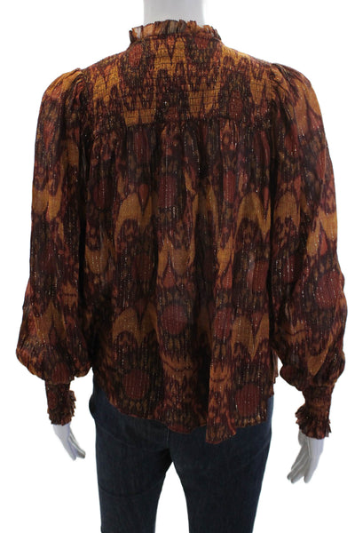 Ulla Johnson Womens Cotton Printed Tie V-Neck Long Sleeve Blouse Top Brown Sz 0