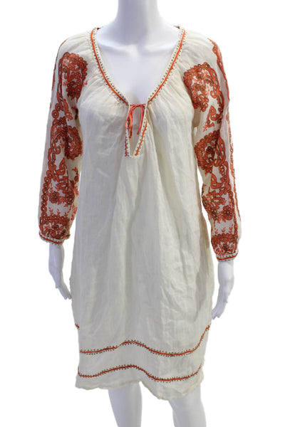 Roberta Freymann Womens Linen Floral V-neck Long Sleeve Dress Beige Size S