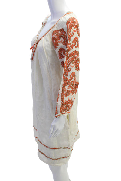 Roberta Freymann Womens Linen Floral V-neck Long Sleeve Dress Beige Size S