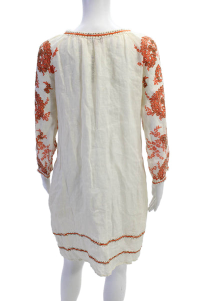 Roberta Freymann Womens Linen Floral V-neck Long Sleeve Dress Beige Size S